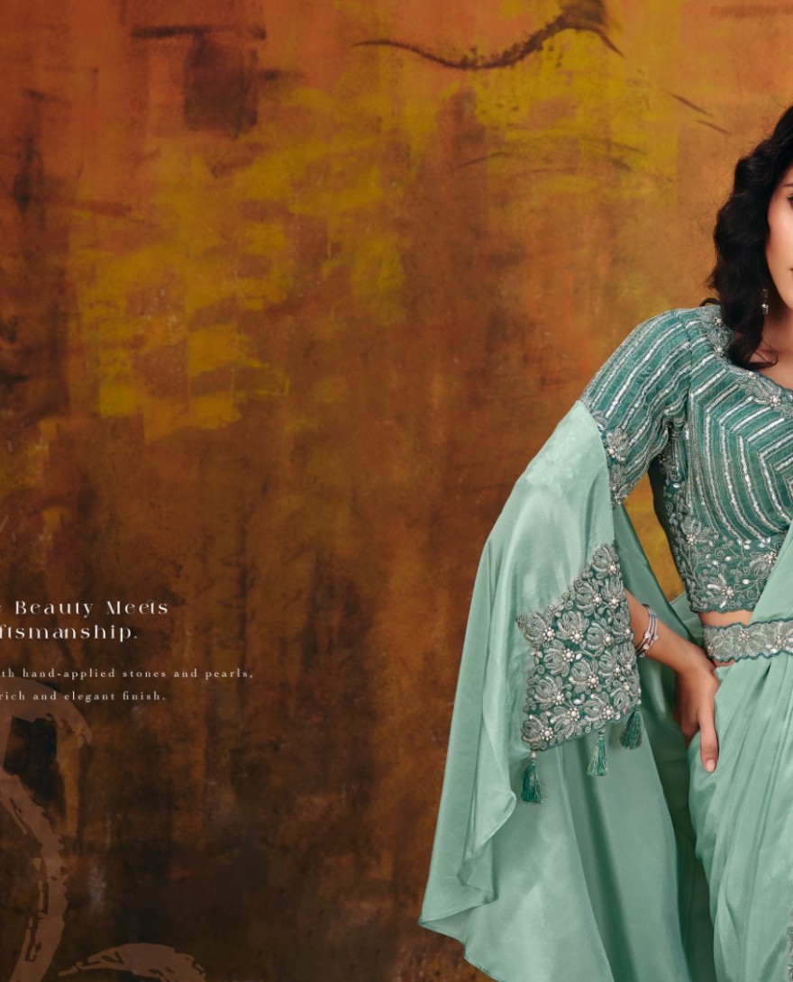 27110 - Sea Green Embroidered Wedding Party Designer Saree